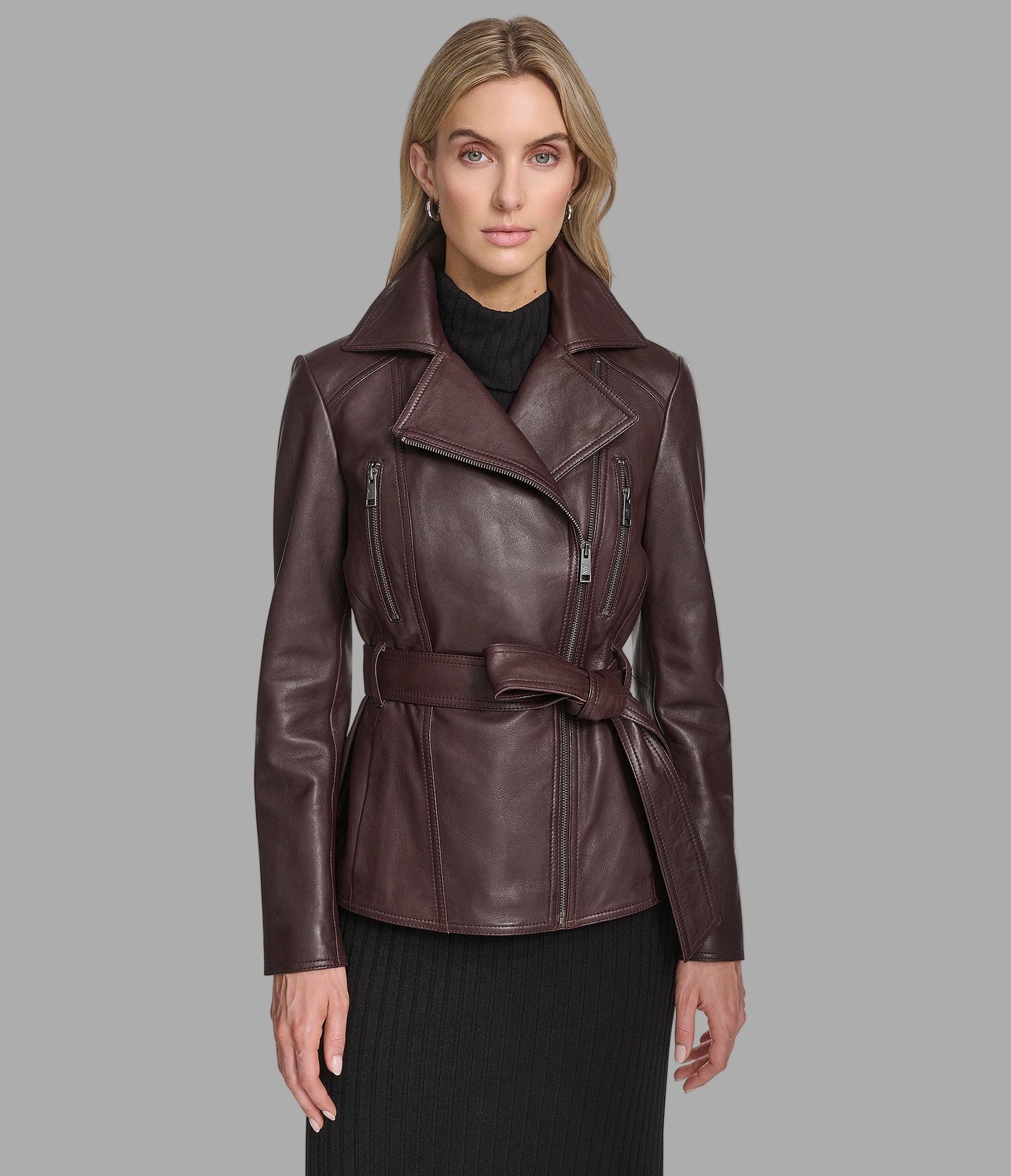 Women's Violet Leather Belted Moto Jacket