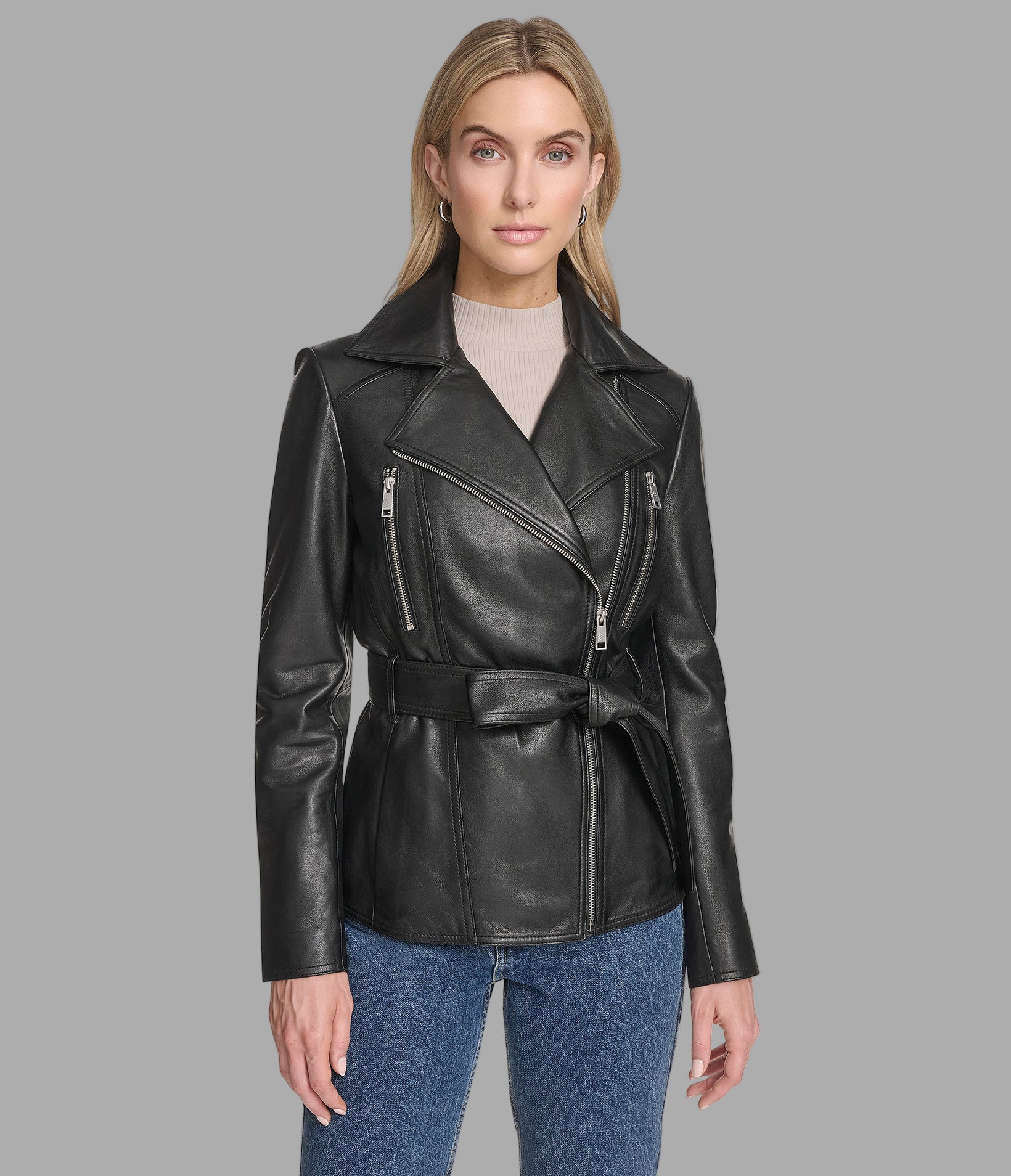 Women's Violet Leather Belted Moto Jacket