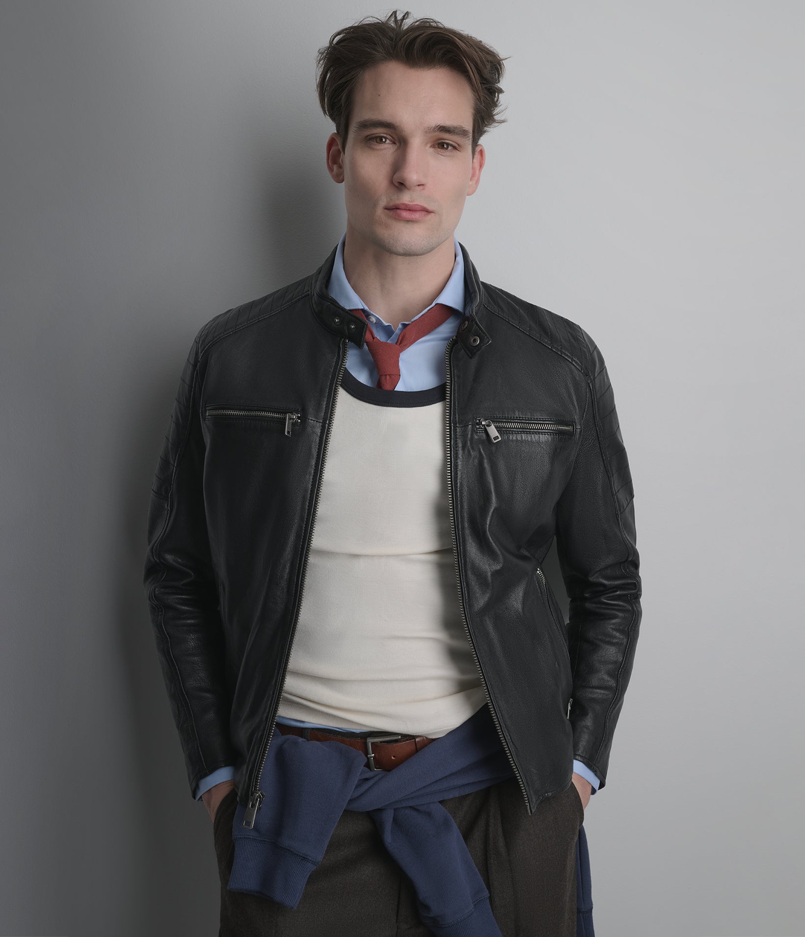Lance Collarless Leather Moto Jacket