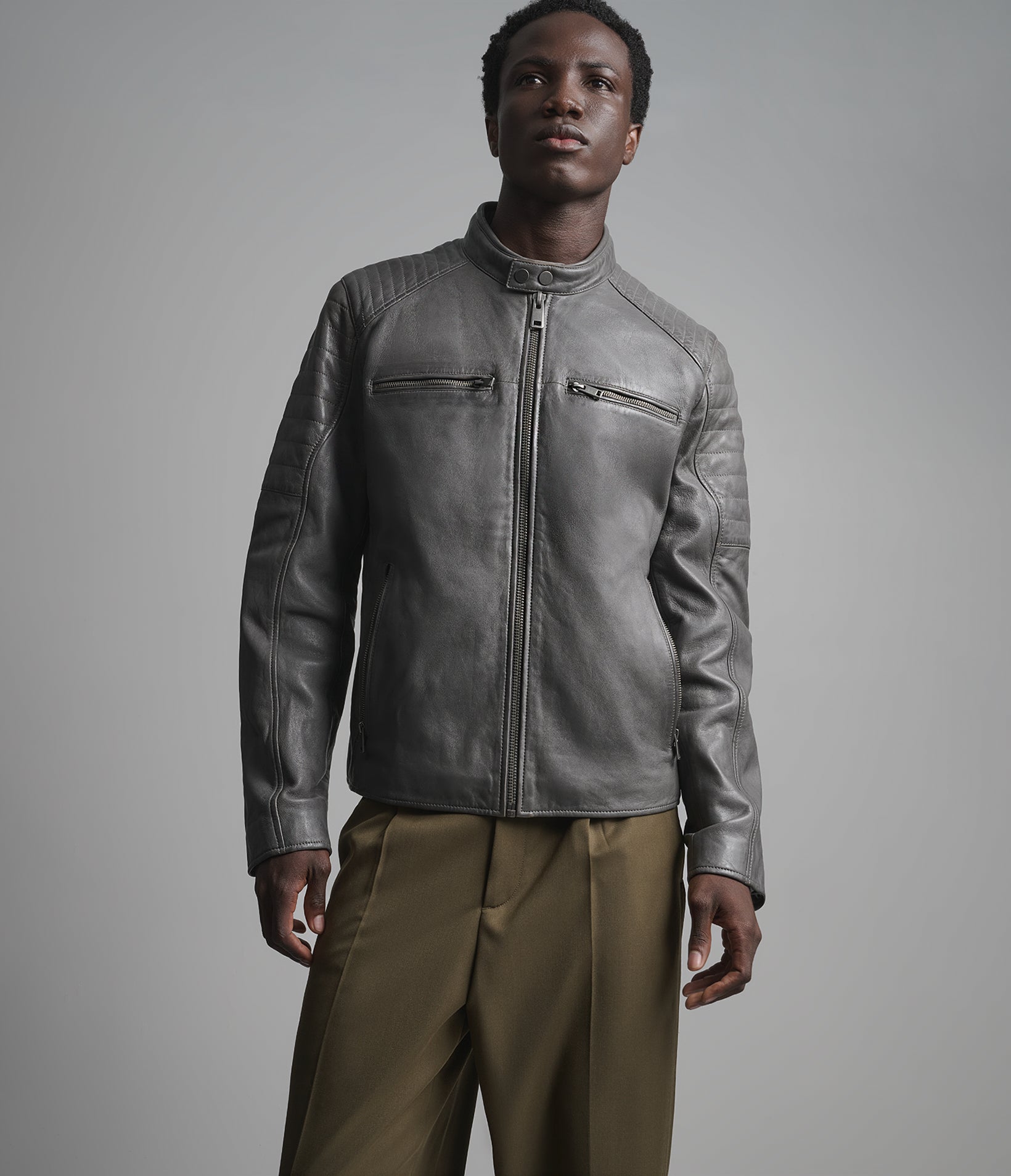 Lance Collarless Leather Moto Jacket