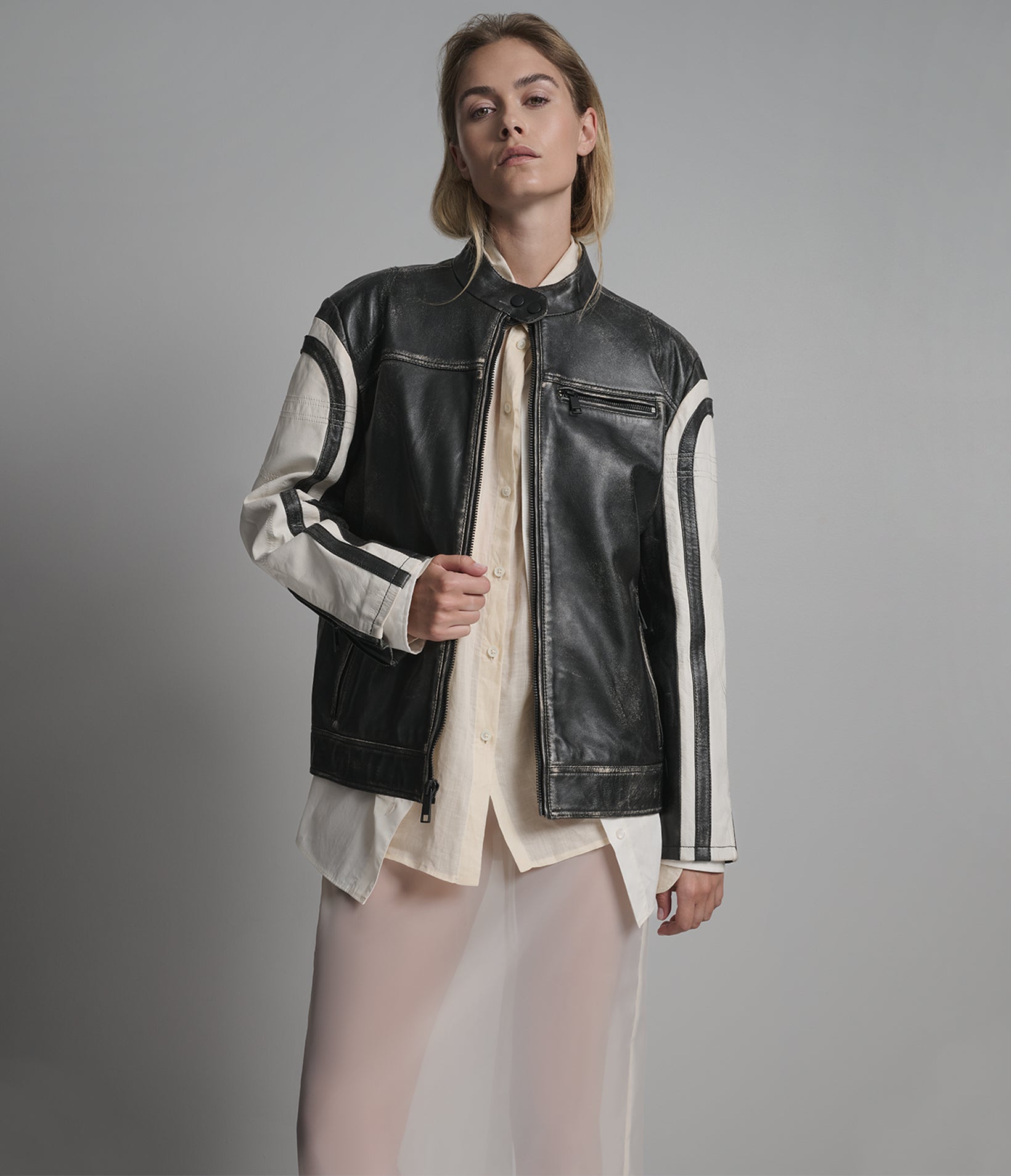 Women's Jade Color Block Leather Racer Jacket