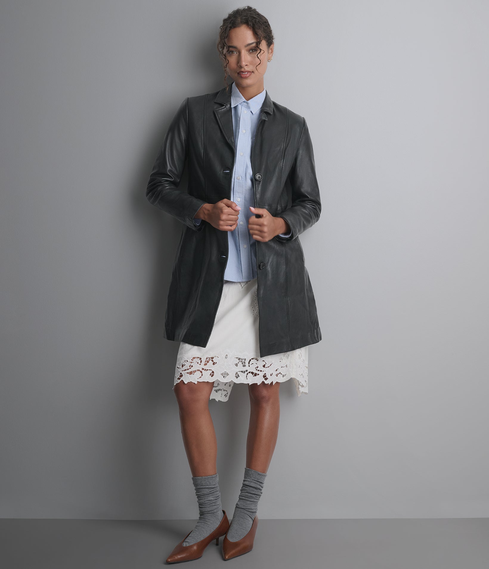 Women's Nora Button Down Leather Trench Coat